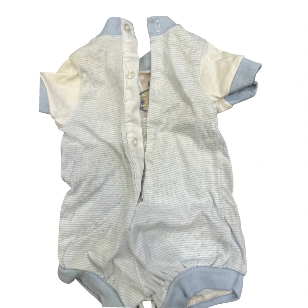 Vintage Toddle‎ Tyke Baby Romper Blue Bear Embroidered Striped Made USA Newborn